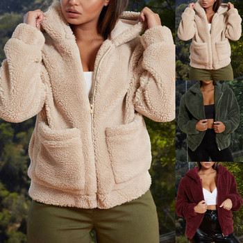 2019 News Women's Fashion Solid Coat Lapel Fleece Fuzzy Faux Shearling Zipper Hooded Pockets Warm Outwear Jacket